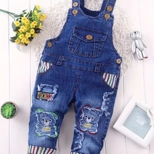 Toddler Blue Denim OVERALLS with Distressing & Patches BRAND NEW